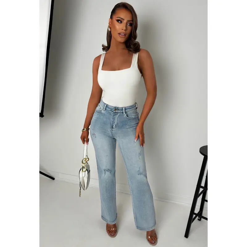 Escape In Denim Light Blue Stretch Distressed Straight Leg Jeans 2