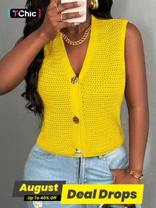 Women's Solid Color Button V Neck Sweater Vests, Casual Fitted Sleeveless Vneck Knitwear for Summer, Fashion Women's Knitting Clothing for Daily Wear, Minimalist Tops, Womenswear, Lady Clothe