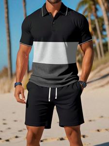 Men's Colorblock Shortsleeve Polo Shirt & Pocket Drawstring Waist Shorts Two-piece Set, Regular Fit Casual Fashion Cozy Breathable Men Two-piece Outfits for Summer Beach Vacation, Menswear