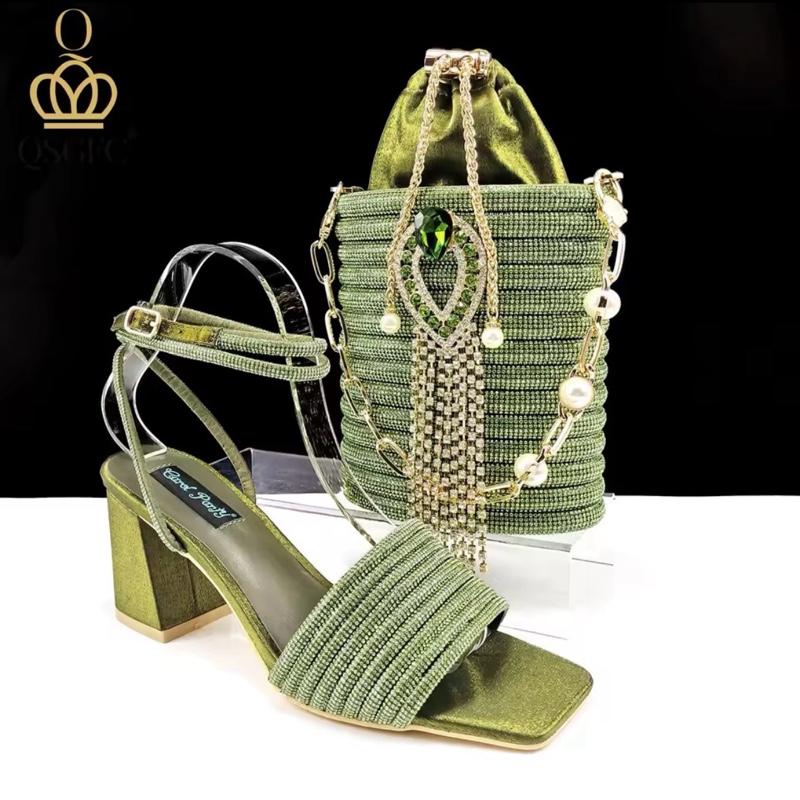 QSGFC Women's Olive Color Rhinestone High Heel Peep Toe Sandals and Bag Set - Perfect for Summer Occasions - Comfort, Decor, Shoe, Walking Shoes, Girl, Weight 1