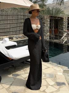 Women's Solid Color Crochet Cover Up Dress, Casual Long Sleeve Cover Up Dress for Beach Holiday Vacation, Ladies Swimwear for All Seasons