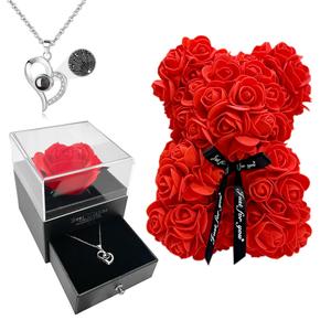 Artificial Rose Bear & Necklace Gift Box Set, 1 Set Romantic Gift Box with Bear & Rose & Necklace, Gift for Girlfriend Boyfriend Couple, Party Supplies, Jewelry, Love Heart Necklace