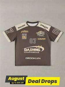 Men's Letter & Number Print Round Neck Tee, Regular Fit Vintage Patchwork Short Sleeve Crew Neck T-Shirt for Summer, Fashion Men's Top for Daily Wear, Casual Basic Tee