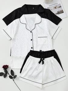 Women's Leopard Print Contrast Trim Lapel Neck Pajama Two-Piece Set, Comfort PJ Set, Short Sleeve Button Up Top & Shorts PJ Set, Casual Sleepwear Set for Women