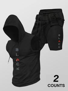 Two-Piece Set Men's Hooded Tank Top & Shorts Set, Regular Fit Casual Sleeveless Top & Shorts, Men's Clothing Set for Summer