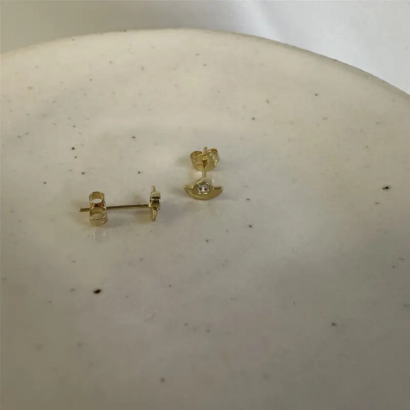 9ct Gold Clear CZ Minimal Semi Circle Stud Earrings 3
