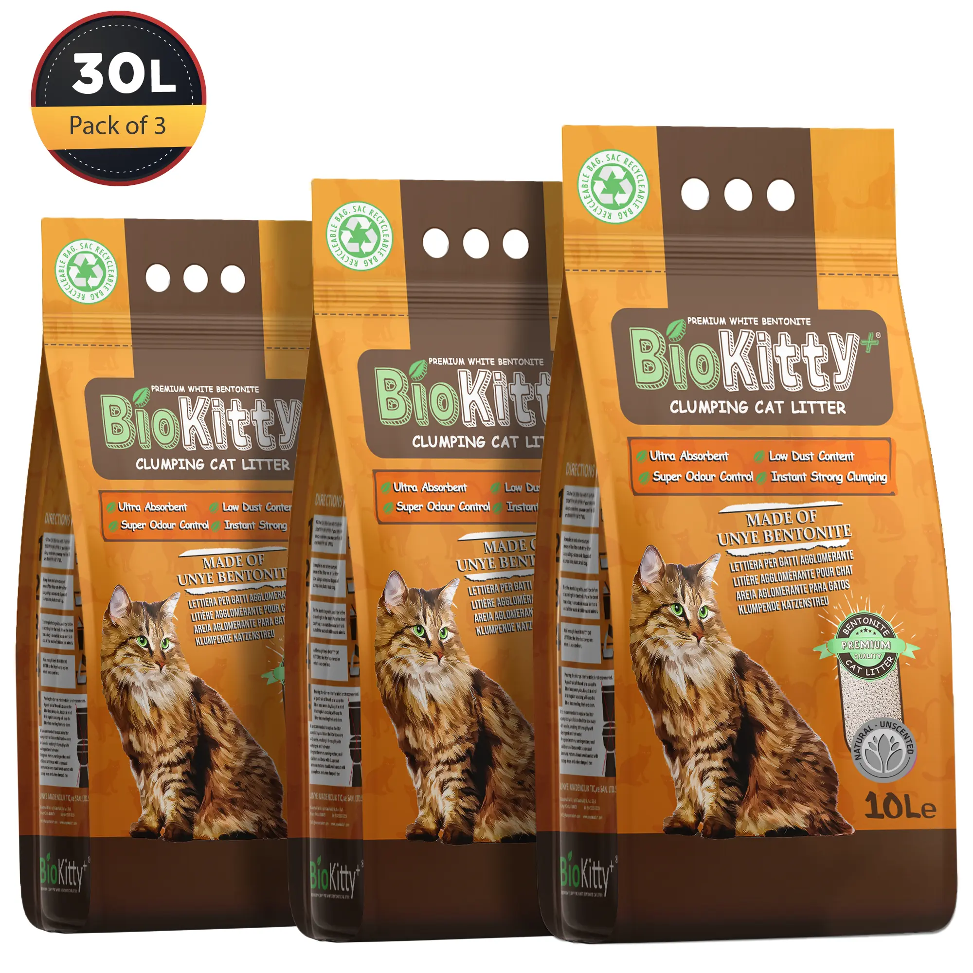 Clumping Cat Litter Highly Absorbent Bentonite Odour Control 30L Kitten Hygiene Unscented