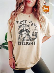 Women's Cartoon Raccoon & Letter Print Drop Shoulder Tee, Casual Half Sleeve Round Neck T-Shirt for Summer, Women's Top for Daily Wear