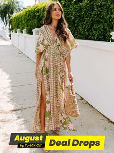 Women's Floral Print Deep V Neck Split Hem Dress, Elegant Casual Dress for Summer, Bohemian Ladies Clothes for Beach Holiday Vacation, Womenswear, Boho Clothes Women, Boho Earthy Girl Clothes, Bohemian Print Dresses