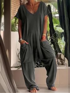 Women's Pocket V Neck Jumpsuit, Basic Casual Short Sleeve Jumpsuit, Ladies Clothes for Daily Wear, Womenswear