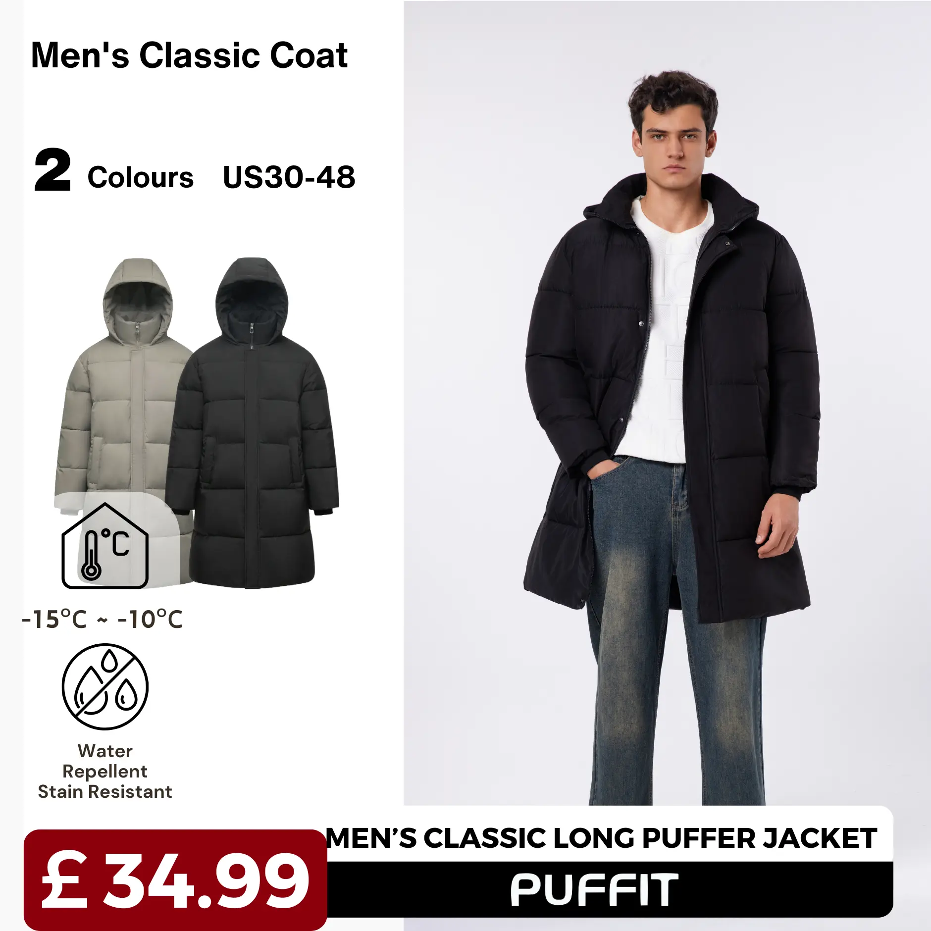 [Clearance] PUFFIT Men’s Premium Hooded Long Puffer Coat Men Long Quilted Outerwear Jacket Big Pocket, Water Repellent  Winter Warm Basic Long Sleeve Tops Coat