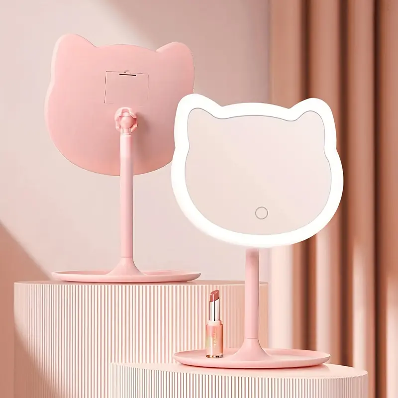 LED Vanity Makeup Mirror | Cat-Face Design with Pink Ears | Battery-Powered Lighting | Portable & Freestanding | Ideal for 0