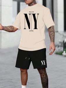 2 Counts Men's Letter Print Tee & Drawstring Waist Shorts Set, Regular Fit Round Neck Short Sleeve T-shirt & Track Shorts, Casual Comfort Fashion Cozy Breathable Men Two-piece Outfits for Summer, Curvy Holiday Outfits, Streetwear, Clothes