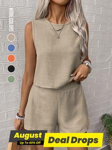 Women's Solid Color Crop Top & Shorts Two-piece Set, Casual Fashion Minimalist Basic Cozy Sleeveless Top & Jumpsuit for Daily Outdoor Wear, Ladies Summer Clothes, Womenswear, Matching Clothing Set, Cozy Lounge Set, Summer Outfits Set