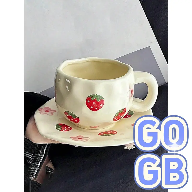2025 NEW 1pc Retro Strawberry Flower Ceramic Cup, Hand Painted Butterfly&Cherry Asymmetrical Shape Coffee Cup, Tea Latte Mug, Breakfast Milk Cup, Water Cup, Gift (Easter Gifts) 0