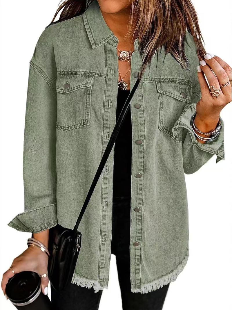 Product Introduction of Women's Denim Coat with Wiped Edge and Pockets - Pure Color Single-Breasted Cardigan Jacket for Loose Fit - Womenswear, Tops 15
