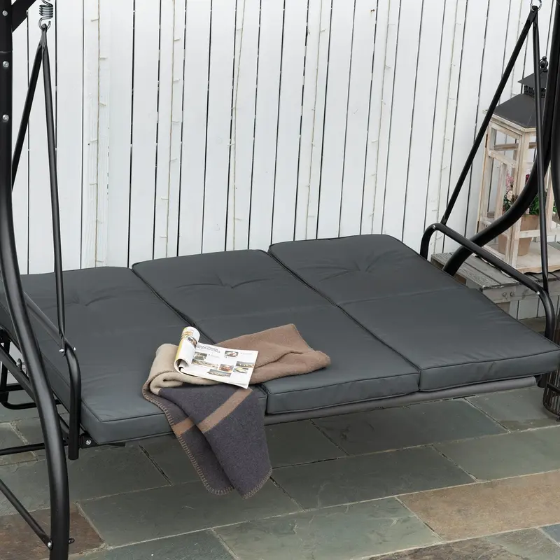 3 Seater Canopy Swing Chair, 2 in 1 Garden Swing Seat Bed, with Adjustable Canopy and Metal Frame, Dark Grey 8