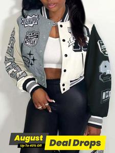 Women's Colorblock Letter & Striped Print Button Varsity Jacket, Casual Drop Shoulder Mock Neck Long Sleeve Outerwear, Ladies Spring & Fall Clothes