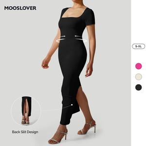 Mooslover UK Women's Square Neck Short Sleeve Maxi Dress Ribbed Seamless Bodycon Dresses for Women Soft Lounge Dress Casual Comfort