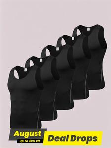 5 Pieces Men's Solid Sports Vest, Quick Drying Breathable Tank Top, Slim Fit Sleeveless T Shirt Leisure Sports Top for Workout Training