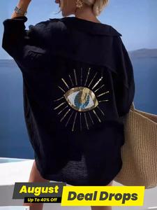 Women's Sun & Eye Print Button Front Drop Shoulder Blouse, Casual Long Sleeve Collared Top for Daily Wear, Ladies Longsleeves Clothes for All Seasons, Womenswear