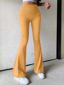 Women's Solid Ribbed Flare Leg Pants, Casual Comfy Bell Bottom Trousers for Daily Wear, Ladies Bottoms for All Seasons