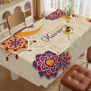Ramadan Themed Tablecloth, 1 Count Rectangular Flower Pattern Tablecloth, Table Decoration for Home Kitchen Dining Room, Vanity Decor Accessories