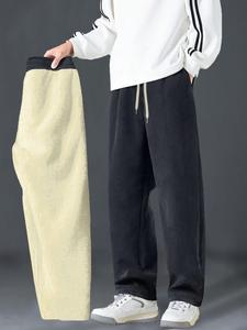 Men's Sherpa Lined Solid Color Drawstring Waist Corduroy Pants, Thick Thermal Warm Loose Casual Comfy Pocket Straight Leg Trousers for Fall & Winter, Men's All-Match Bottoms for Daily Wear
