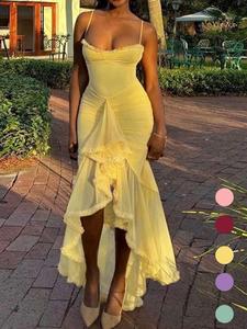 Women's Solid Color Ruffle Trim Sleeveless Cami Dress, Elegant Fashion Casual Spaghetti Strap Dress for Daily Outdoor Wear, Women Dress for Spring Fall, Summer Maxi Gown, Womenswear, Lady