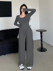 Two-Piece Set Women's Solid Long Sleeve Top & Wide Leg Pants, Casual Fashion Cozy for Daily Outdoor Wear, Ladies Clothes for All Seasons, Suits, Womenswear, Fall outfit