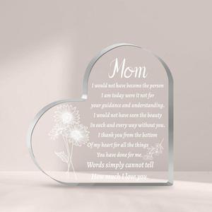 Acrylic Heart Shaped Ornaments, 1 Count Letter Pattern Desktop Decoration, Creative Tabletop Adornment for Mom Mother Gifts Home Office Decor, Flowers Pattern