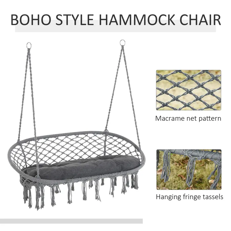 Outsunny Two-Seater Boho Macrame Hammock Swing - Grey 4