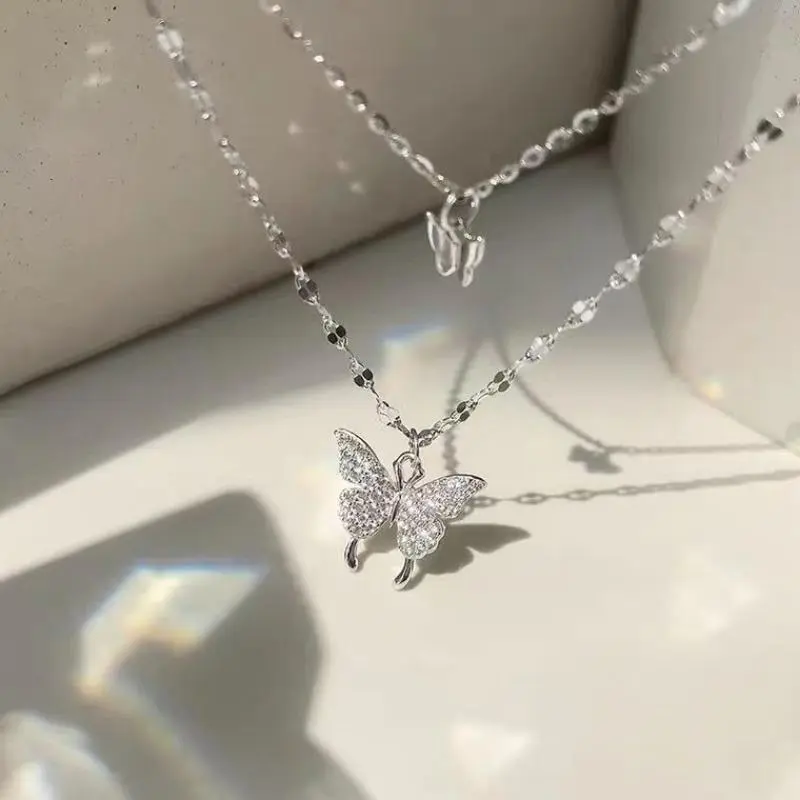 Double Butterfly Shape Layered Necklace Inlaid Shiny Zirconia Pendant Statement Party Jewelry Gifts