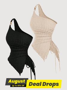 Women's Solid Ruched Asymmetrical Hem Tank Top, Casual Fitted Minimalist Elegant One Shoulder Drawstring Side Top for Daily Wear, Ladies Clothes for All Seasons, Skinny Womenswear, Boho Sleeveless Top, Casual Backless Top