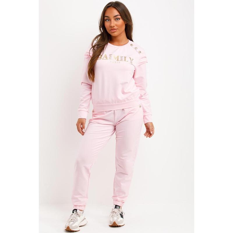 Gold Button Frill Shoulder Loungewear Set Pink 4