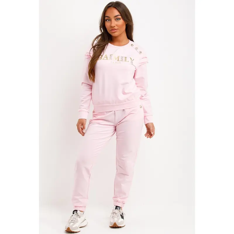 Gold Button Frill Shoulder Loungewear Set Pink 4