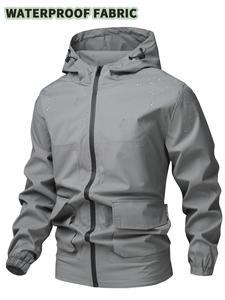 Men's Solid Pocket Drawstring Hooded Jacket, Regular Fit Casual Waterproof Long Sleeve Zip Up Outerwear for Outdoor Activities, Fashion Men's Clothes for All Seasons