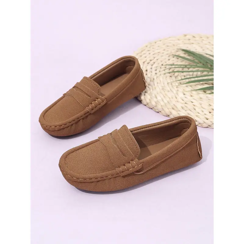 1 Pair Children's Round Toe Slip-On Loafers, Casual British Style Flat Boat Shoes, Suitable For Spring And Autumn 0