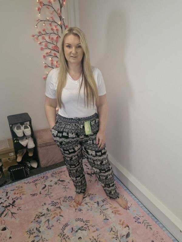 QTL - Elephant Print Trousers (Sized) 12-24 Hemmed bottom , 28 inch inside leg, cute , summer , soft , lightweigh , elasticated waistband Casual Comfort Comfortable Lightweight Pants Style Womenswear Fit 1