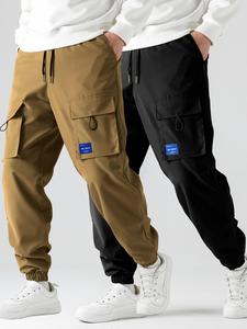 Men's Flap Pocket Drawstring Cargo Pants, Regular Fit Letter Patched Utility Pants, Boyfriend Casual Streetwear Pants for Streetwear
