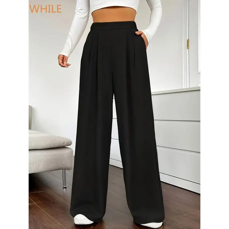 Women's Solid Pocket Elastic Waist Wide Leg Pants, Casual Comfy Trousers for Daily Wear, Trousers for Women, Ladies Bottoms for All Seasons Womenswear Comfort Basic Minimalist Black
