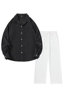 Men's Solid Long Sleeve Button Front Shirt & Straight Leg Pants Corduroy Set, Loose Casual Top & Trousers for Spring & Fall, Men's Clothes for Daily Wear