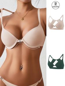 Women's Solid Color Adjustable Strap Bra, Breathable Comfortable Push Up Bra, Soft Lingerie for Daily Wear