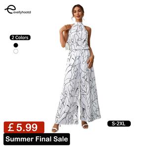 EVELLYHOOTD Abstract Printed Wide Leg Jumpsuit Neck Tie Elegant Sleeveless Women Overalls For Spring Summer