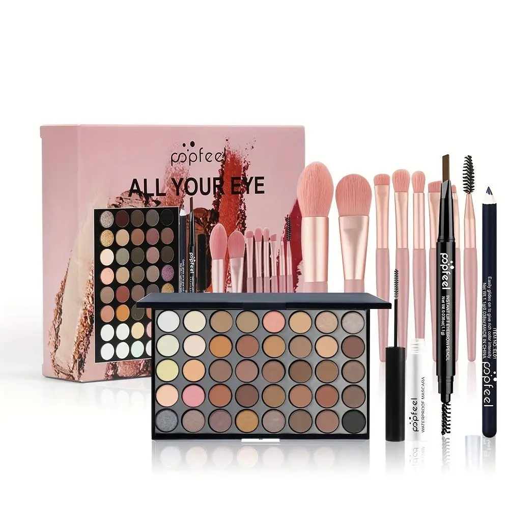 POPFEEL Eye Makeup Set Matte Earth Tone 40 Color Eyeshadow Palette + Mascara + Eyebrow Pencil + Eyeliner + 8 Brush Set