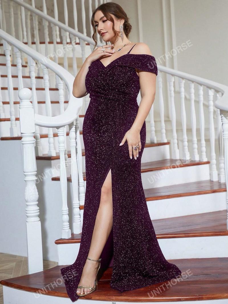 Product Introduction of Sequin Thigh Split Shoulder Plus Cold Formal Dress 35