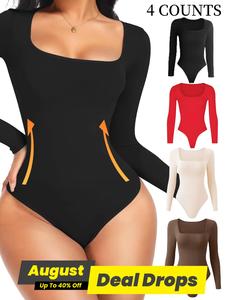 Women's Solid Square Neck Long Sleeve Shapewear Bodysuit, Casual Comfy Tummy Control Butt Lift Shaper, Stretchy Bodysuit, Ladies Shapewear for All Seasons, Underwear, Shaper Clothes