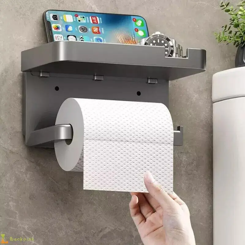 Bathroom Toilet Paper Roll Holder Wall-Mounted With Mobile Phone Storage Shelf