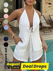 Women's Solid Color Sleeveless Tie Back Top & Shorts Set, Casual Fashion Two-piece Outfits for Summer, Ladies Clothes for Beach Holiday Vacation, Cute Summer Outfit, Casual Loungewear Set, Womenswear