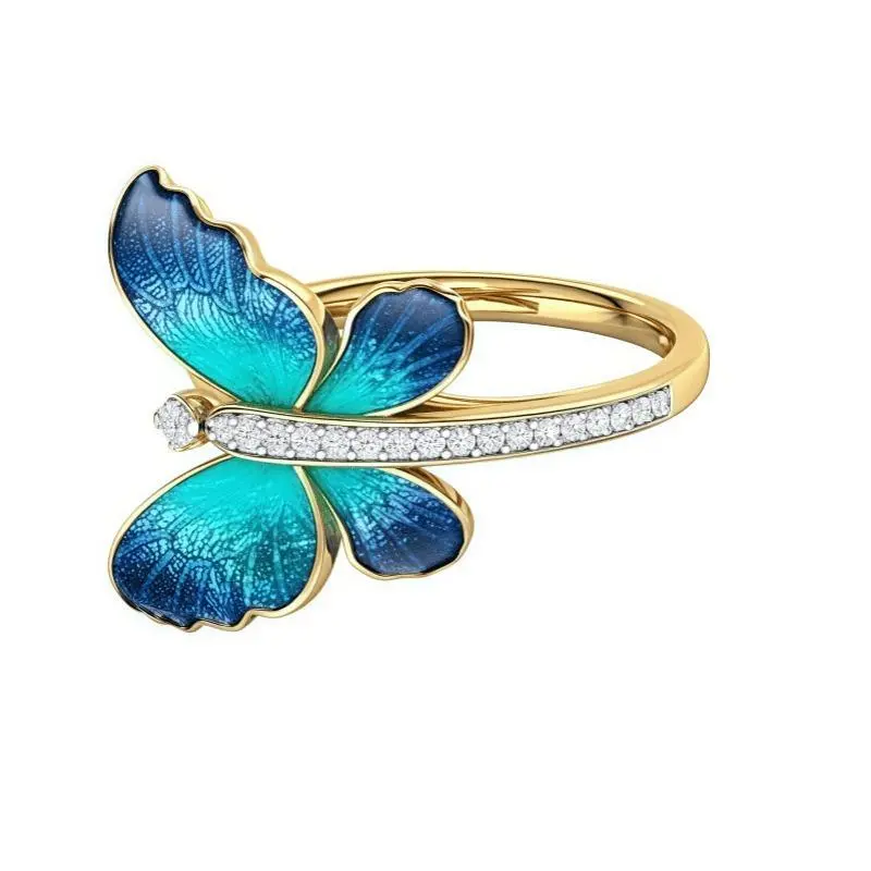Elegant Butterfly Design Women's Ring with Blue Enamel & Clear Crystals - Golden-Tone Bridal Wedding Engagement Jewelry, Valentine's Day Gift for Her, Luxury Accessories, Special Occasion Jewelry 1